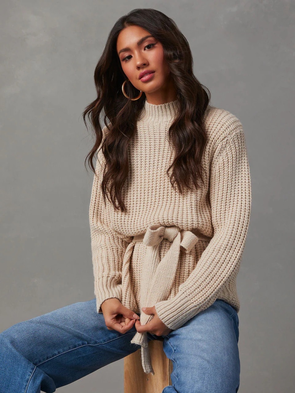 NWT She + Sky Vici Wixson Belted Mock Neck Sweater in Ecru Size Large $68